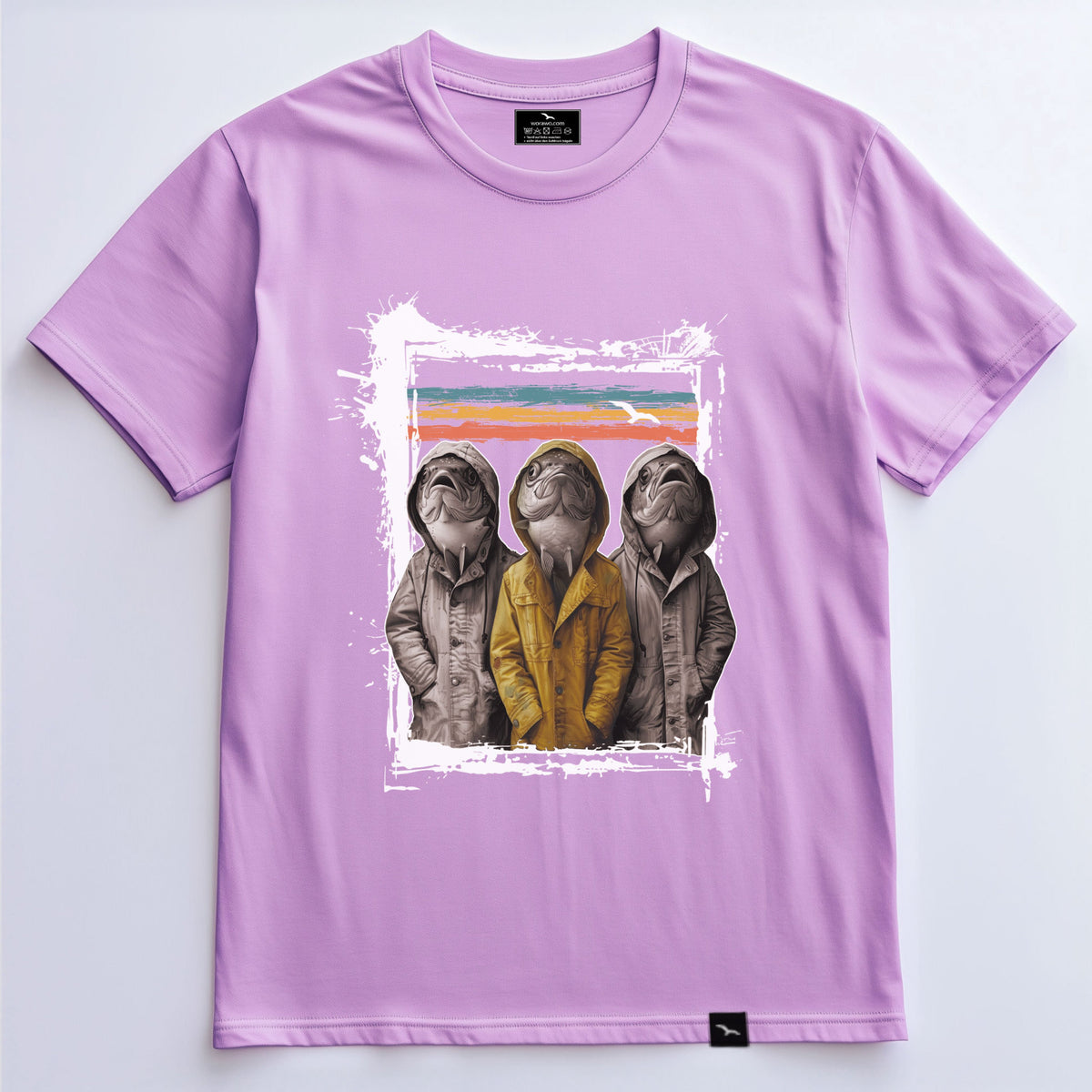 T-Shirt Three Fishes 1, Lavender, drei Fische in Kapuzenjacken