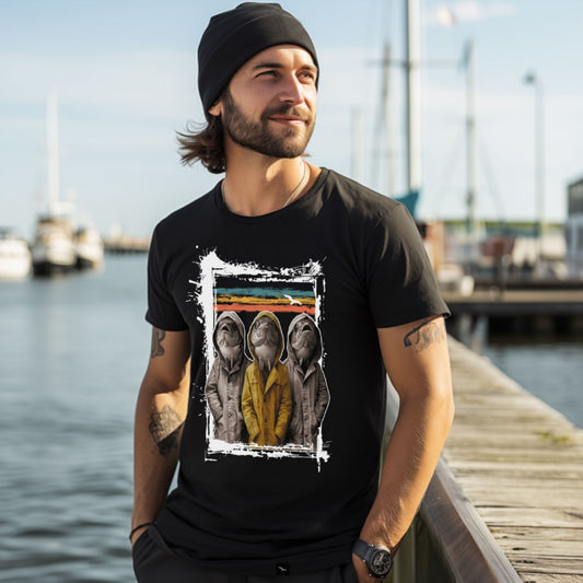 T-Shirt Three Fishes 1, Schwarz, drei Fische in Kapuzenjacken
