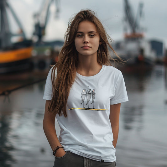 Weißes Damen-T-Shirt Three Fishes 3 mit drei Fischfiguren als Brustprint – Vorderansicht am Model im Hafen