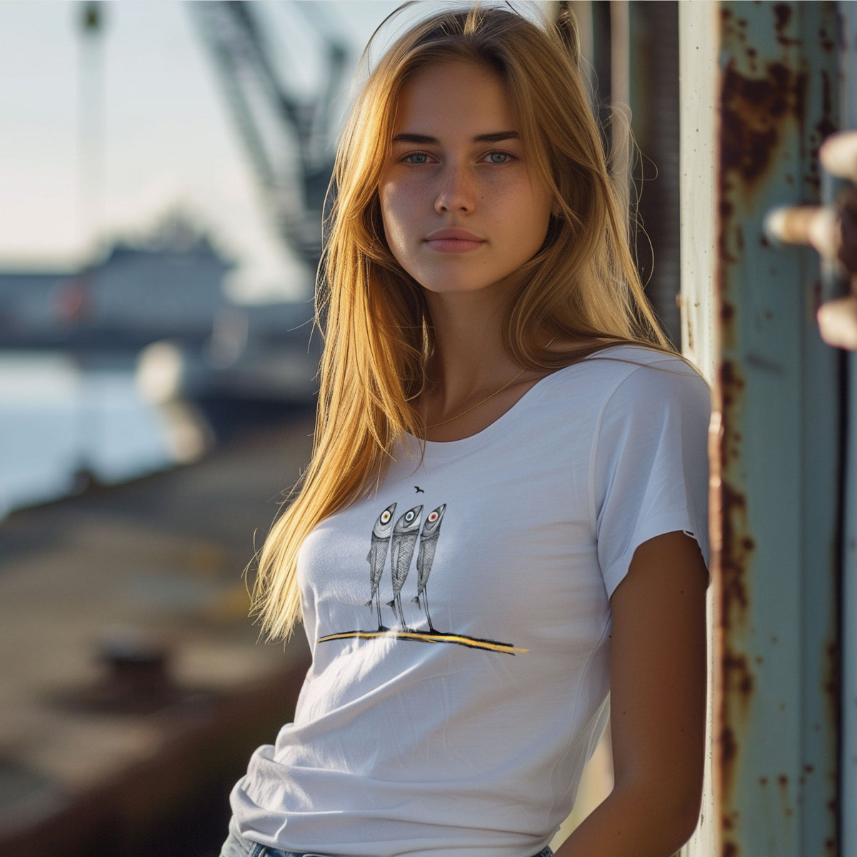 Weißes Damen-T-Shirt Three Fishes 3 mit drei Fischfiguren als Brustprint – Vorderansicht am Model