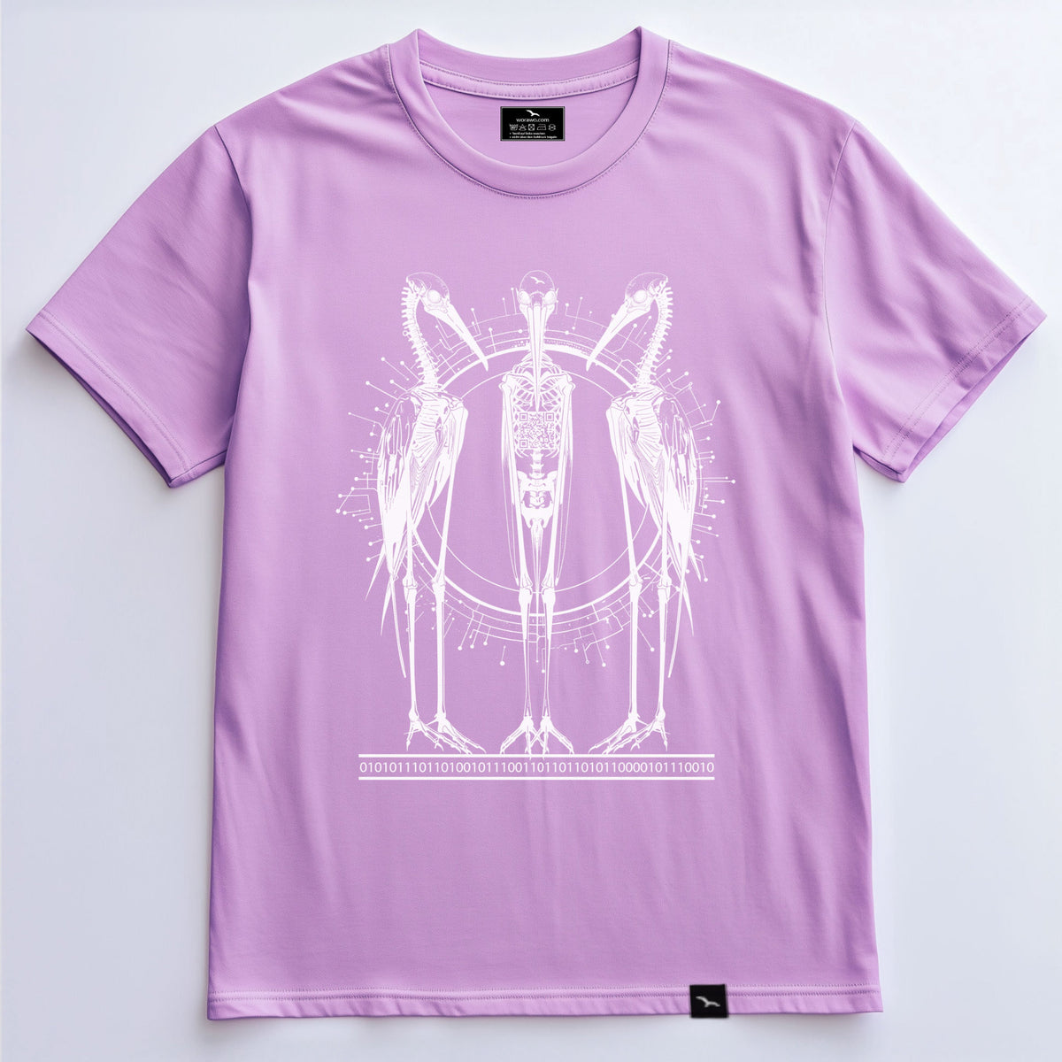 T-Shirt Three Cranes in Lavender mit drei Kranichen und geometrischen Kreislinien als Frontprint – Vorderansicht