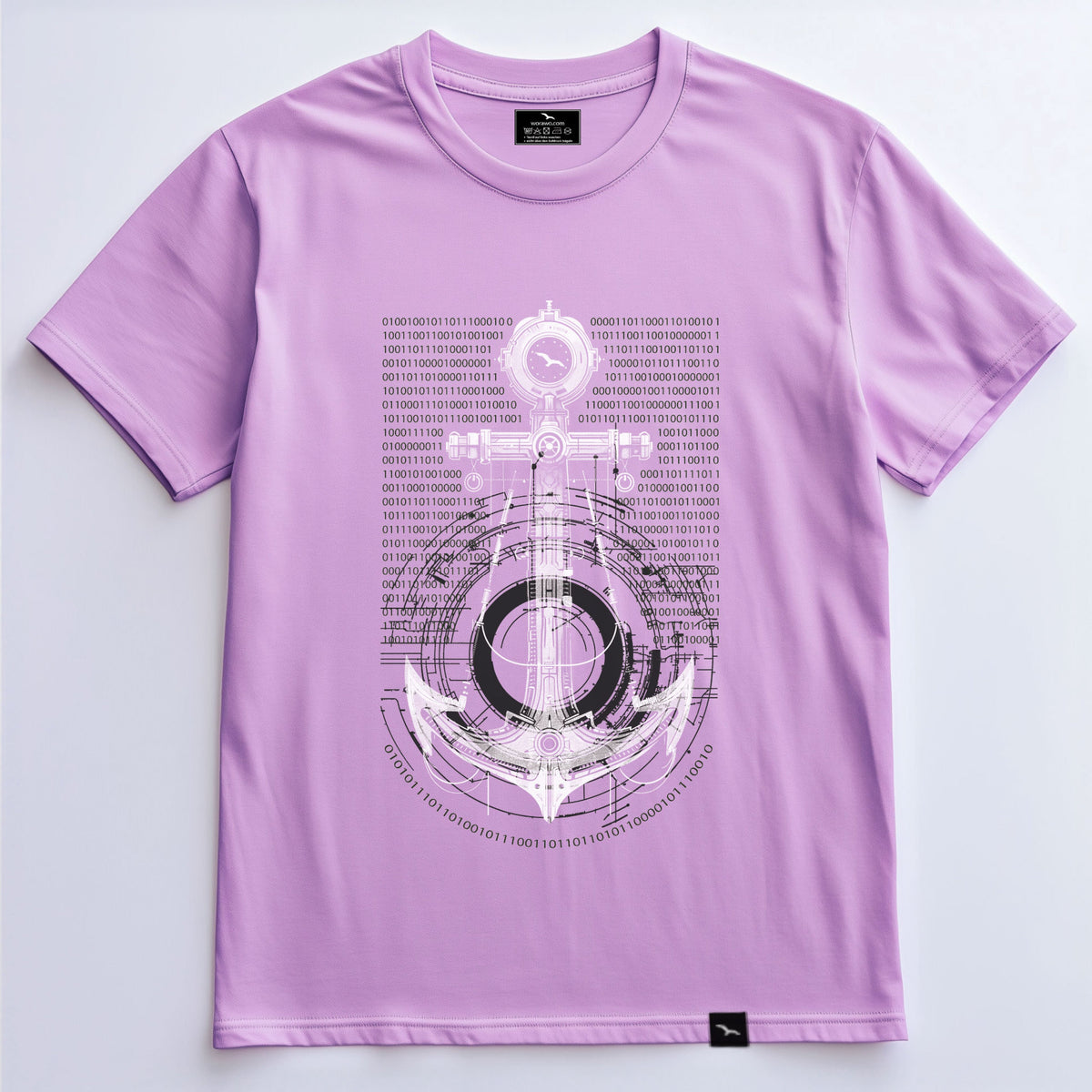 T-Shirt Anchor 1 in Lavender mit weißem Anker und technischen Konstruktionslinien als Frontprint – Vorderansicht