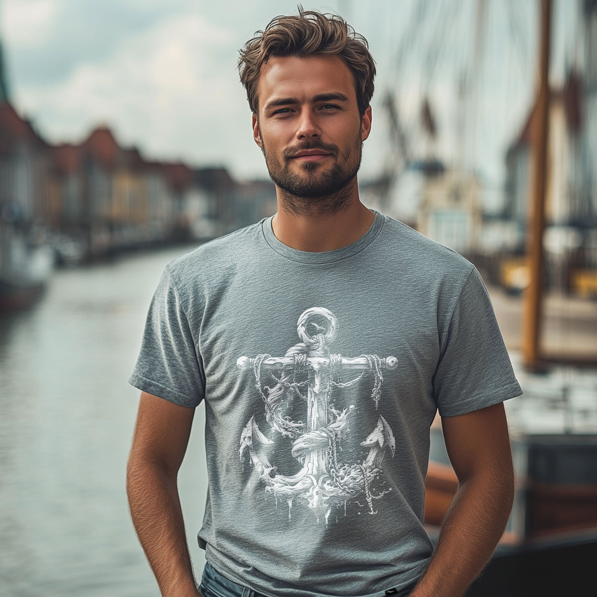 T-Shirt Anchor 2 in Grau meliert mit weißem Anker, Tau und Wasserspritzern als Frontprint – Vorderansicht am Model