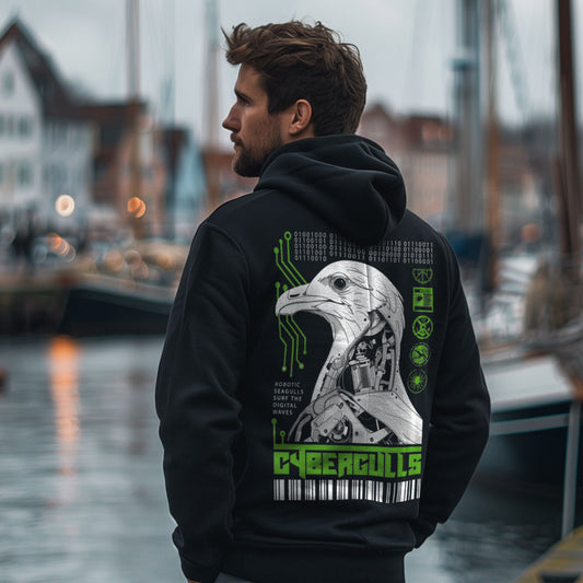 Cybergulls-Motiv mit mechanischer Möwe auf schwarzem Kapuzenoberteil – Rückenansicht am Model