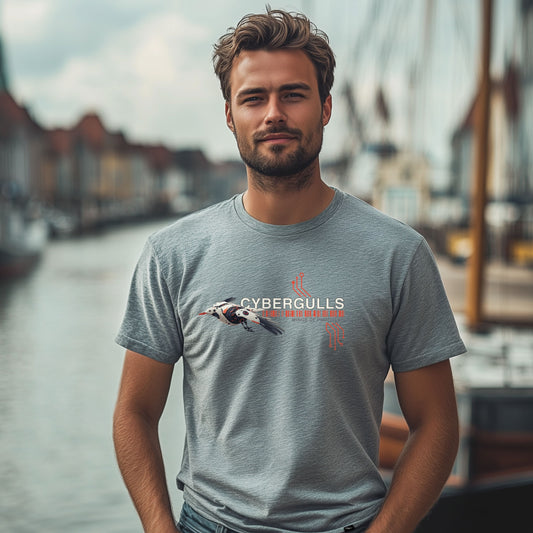 T-Shirt Cybergulls 3 in Grau meliert mit fliegender Möwe, CYBERGULLS-Schriftzug und roten Leiterbahnlinien – Vorderansicht am Model