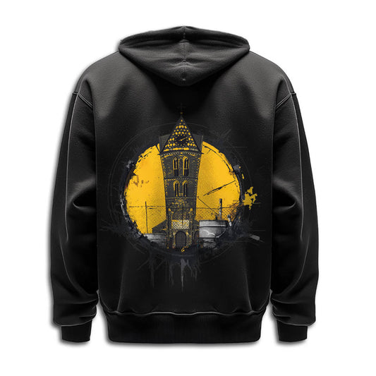 Schwarzer St.-Marien-Wismar Hoodie mit Kirchturmmotiv auf dem Rücken – Produktansicht