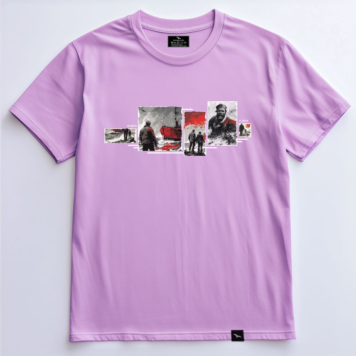 T-Shirt Jack-Tar in Lavender, Küstencollage mit Schiff und Seemann, Produktansicht