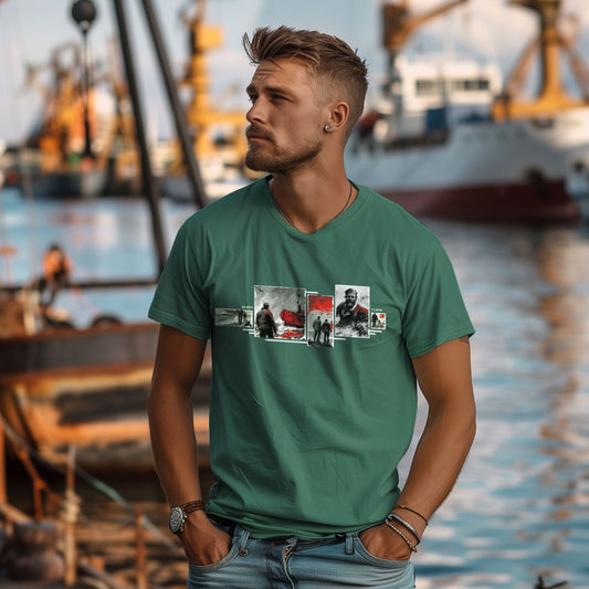 T-Shirt Jack-Tar in Teal, Küstencollage mit Schiff und Seemann, am Model