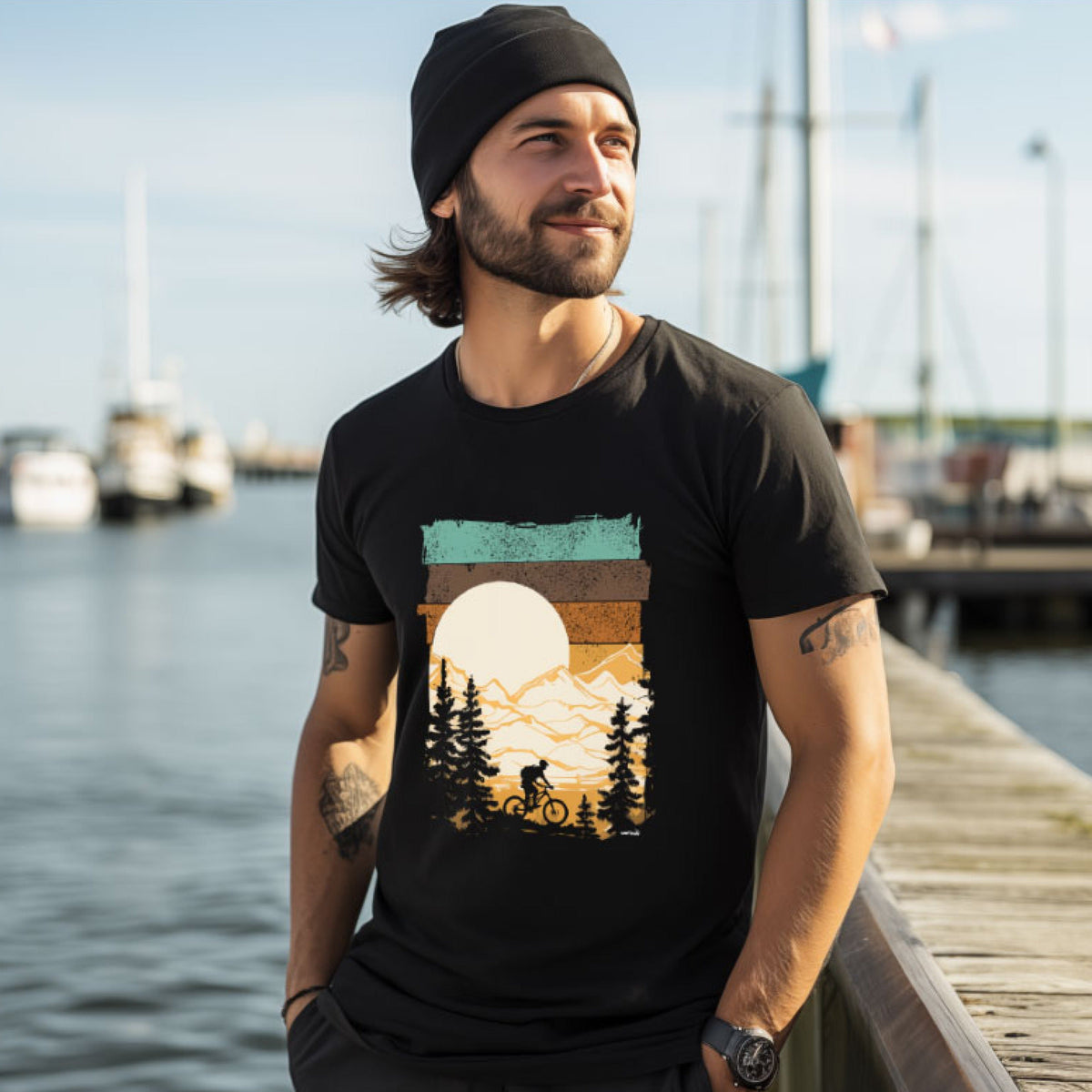 Worawo T-Shirt „Mountainbike“ in schwarz mit Radfahrer-, Berg- und Sonnenmotiv – am Model im Hafen
