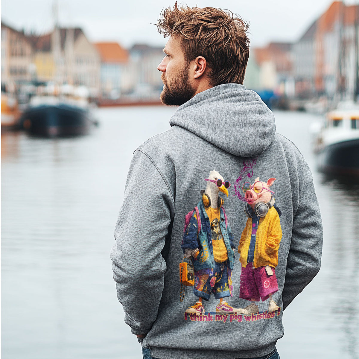 Zip-Hoodie whistling Pig in Grau meliert mit Möwe, Schwein, Sonnenbrillen und Kopfhörern als Rückenprint am Model