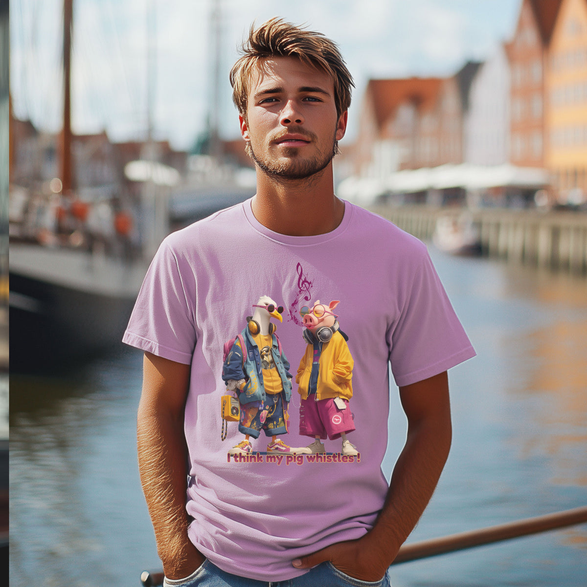 T-Shirt whistling Pig, Lavender, zwei Schweine in Streetwear – Modelaufnahme