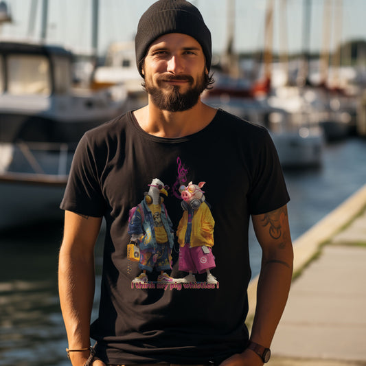 T-Shirt whistling Pig, Schwarz, zwei Schweine in Streetwear – Modelaufnahme