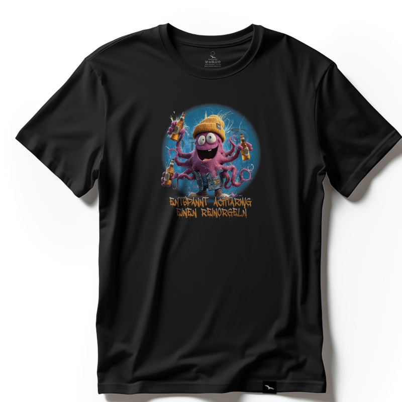 Schwarzes Orgelocto T-Shirt mit Oktopus, Bierflaschen und Spruch – Produktansicht