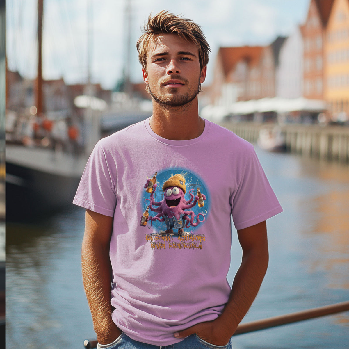 Lavendelfarbenes Orgelocto T-Shirt mit Oktopusmotiv, am Model im Hafen