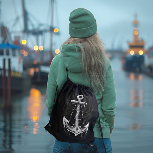 Schwarzer Rucksack Anchor 1 mit Anker und technischen Linien – getragen am Rücken