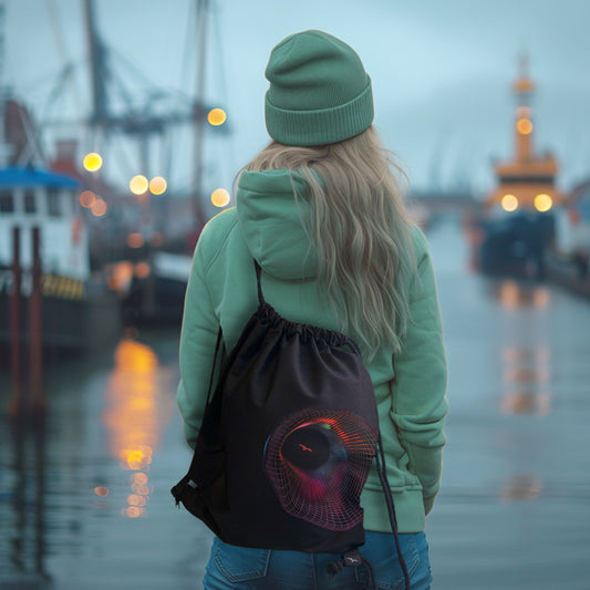 Schwarzer Rucksack Portal-gull mit Möwensilhouette im Portal – getragen am Rücken