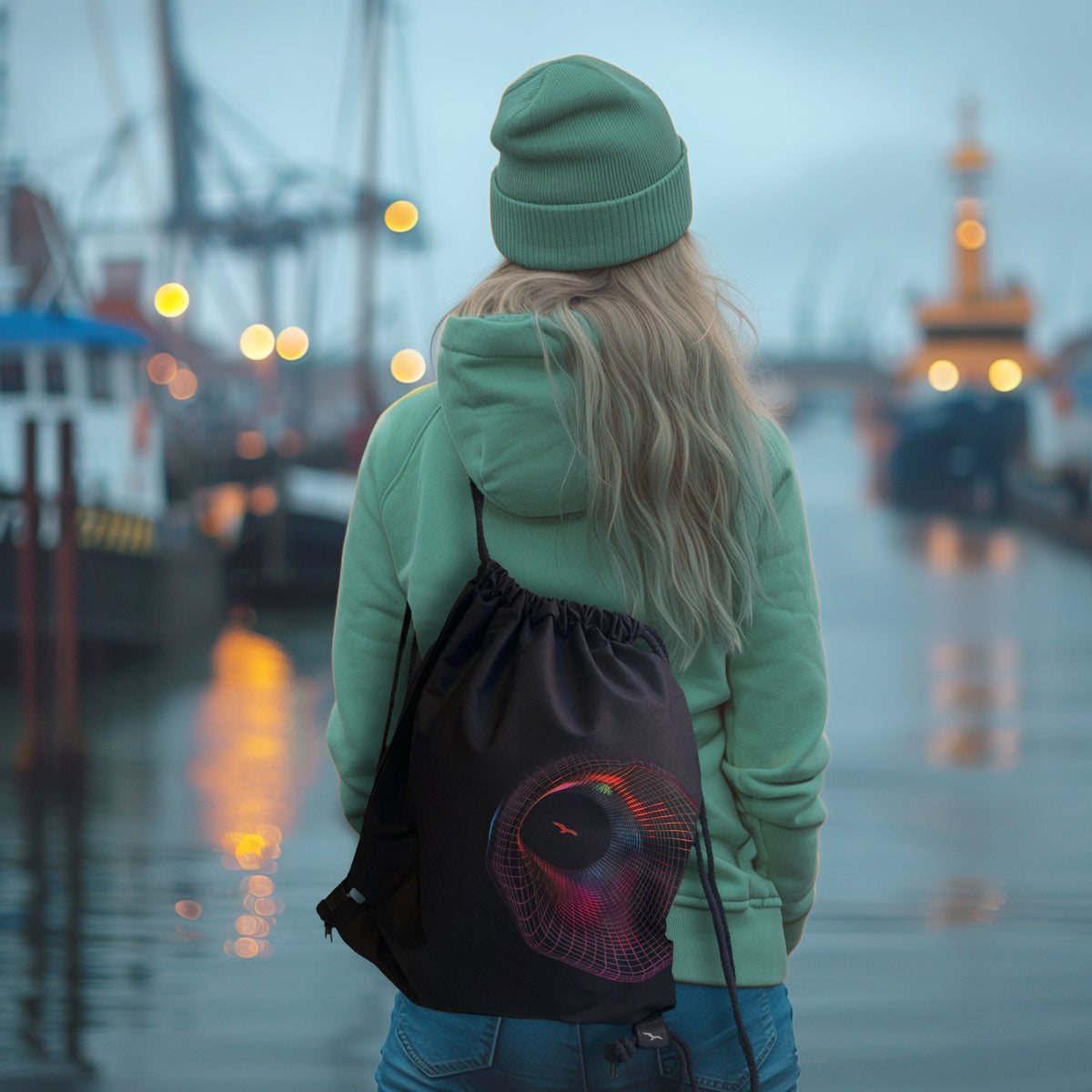 Schwarzer Rucksack Portal-gull mit Möwensilhouette im Portal – getragen am Rücken