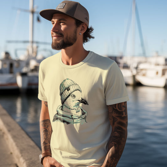 T-Shirt Seagull DM in Natural mit Möwenporträt mit Strickmütze und Kapuze als Frontprint – Vorderansicht am Model