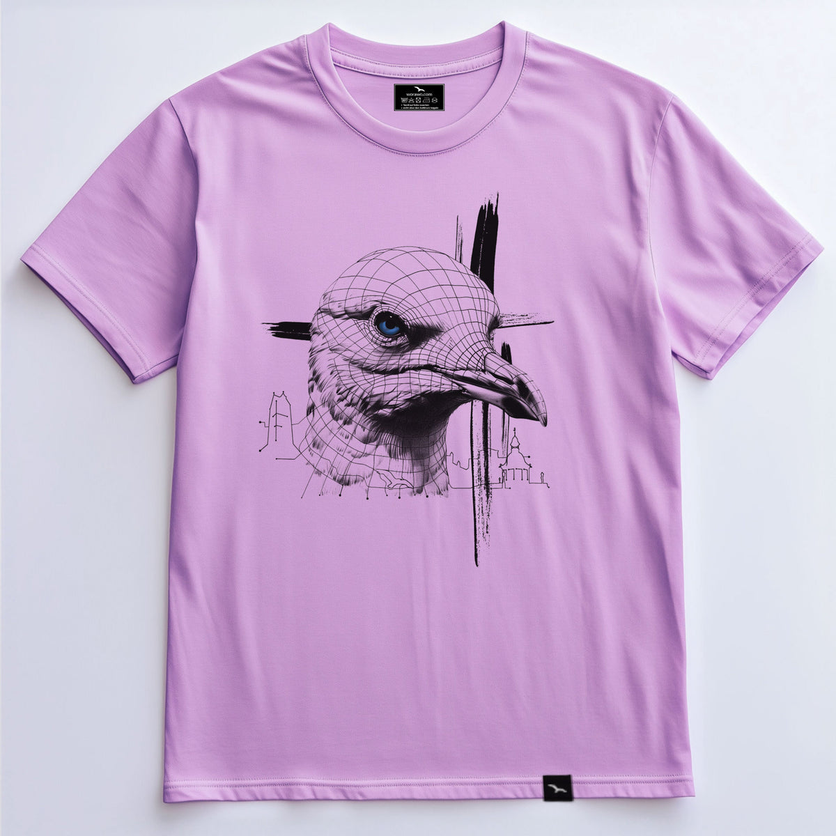 T-Shirt Seagull-grid in Lavender mit Möwenporträt, Rasterlinien und blauem Auge als Frontprint – Vorderansicht