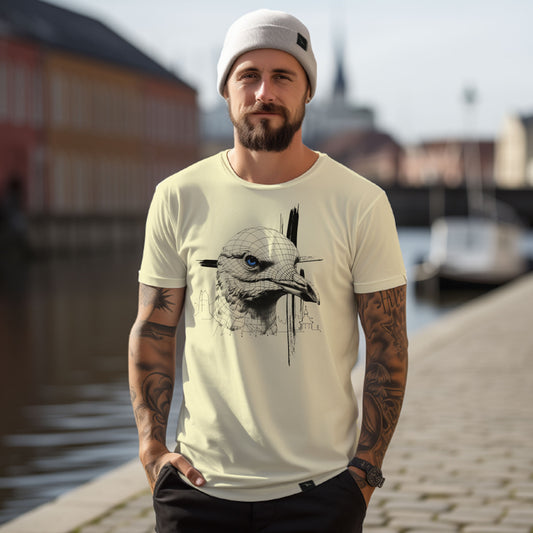 T-Shirt Seagull-grid in Natural mit Möwenporträt, Rasterlinien und blauem Auge als Frontprint – Vorderansicht am Model