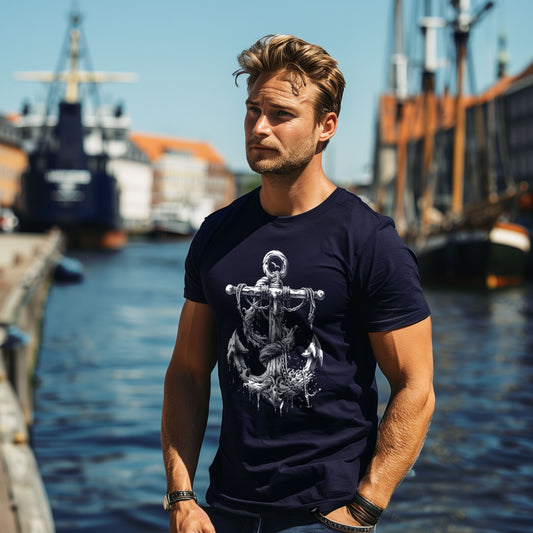 T-Shirt Anchor 2 in Navy mit weißem Anker, Tau und Wasserspritzern als Frontprint – Vorderansicht am Model