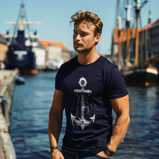 T-Shirt Anchor 1 in Navy mit weißem Anker und technischen Konstruktionslinien als Frontprint – Vorderansicht am Model