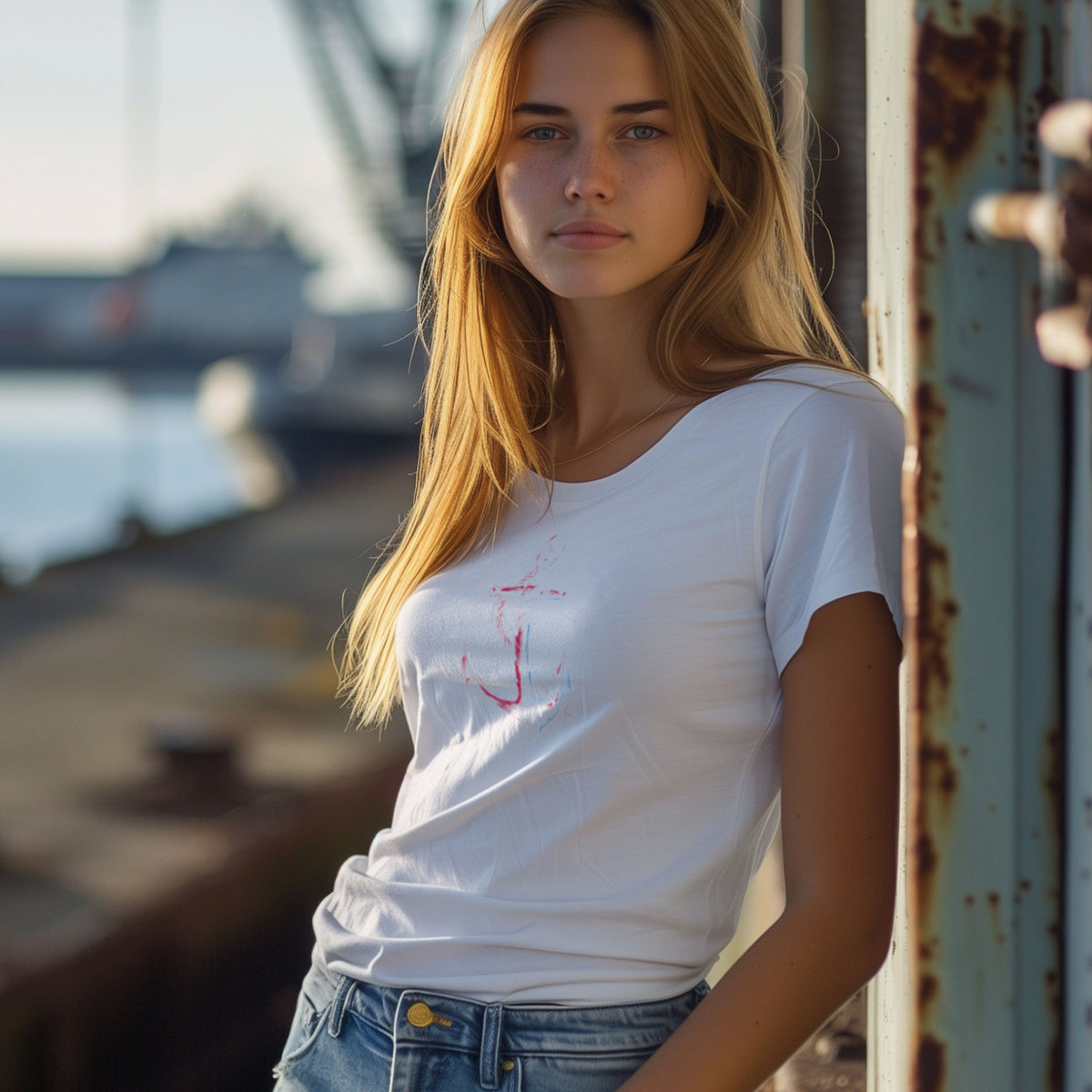 Damen-T-Shirt Anchor 3 in Weiß mit feinem Anker mit Tau und pink-blauen Akzenten – Vorderansicht am Model