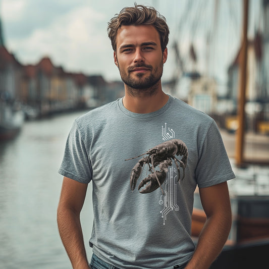 T-Shirt Lobster in Grau meliert mit Hummer und weißen Leiterbahnlinien als Frontprint – Vorderansicht am Model