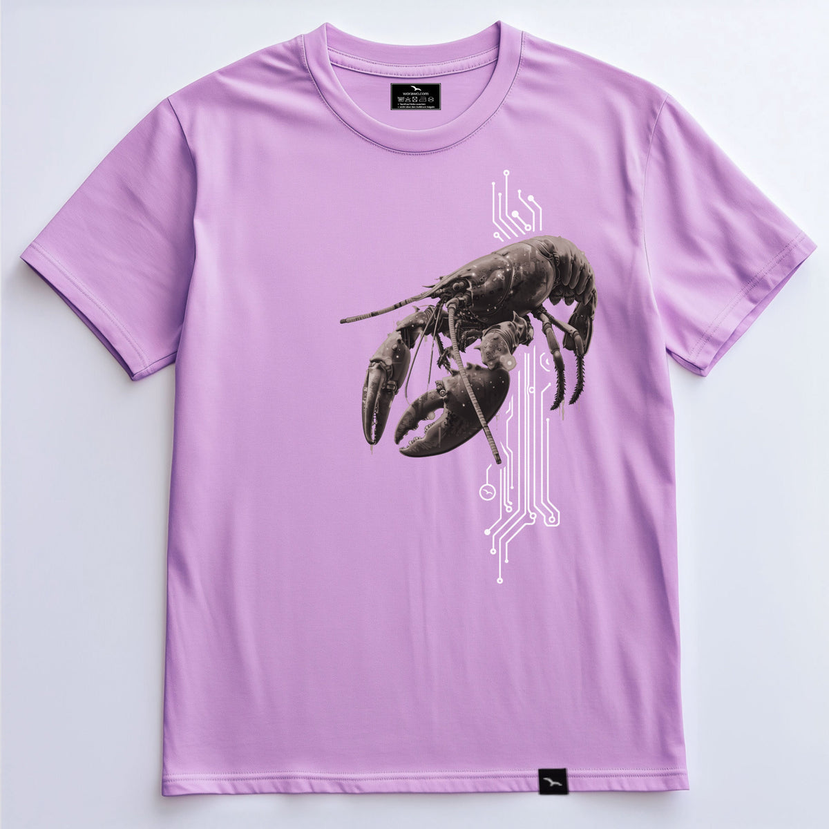 T-Shirt Lobster in Lavender mit Hummer und weißen Leiterbahnlinien als Frontprint – Vorderansicht