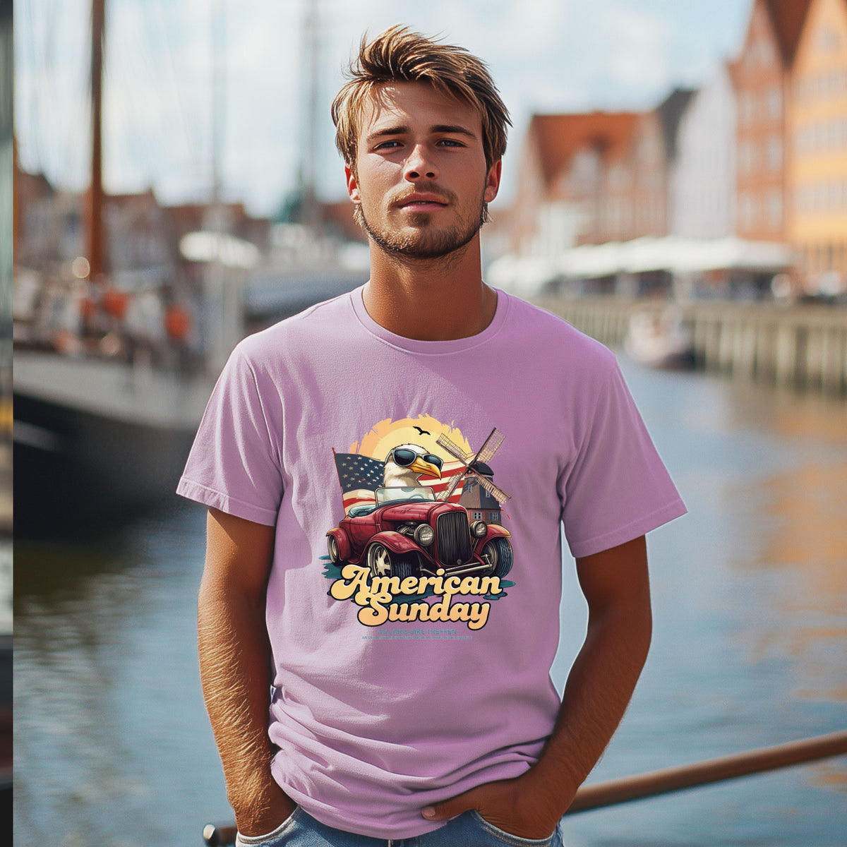 Lavender: T-Shirt „American Sunday 25“ mit Möwe im US-Oldtimer, am Model