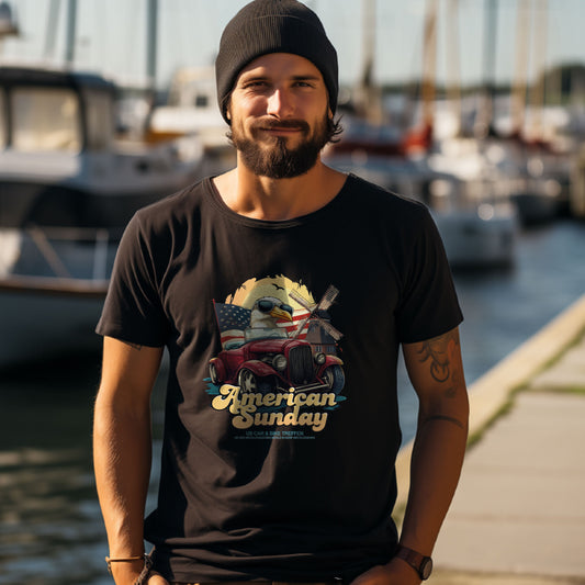Schwarz: T-Shirt „American Sunday 25“ mit Möwe im US-Oldtimer, am Model