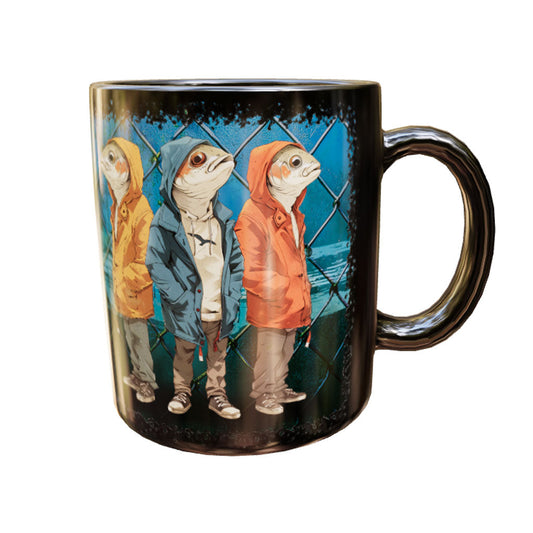 Schwarze Keramiktasse 3 Fishes mit drei Fischfiguren in gelber, blauer und orange-roter Jacke vor blauem Gitter – Produktansicht