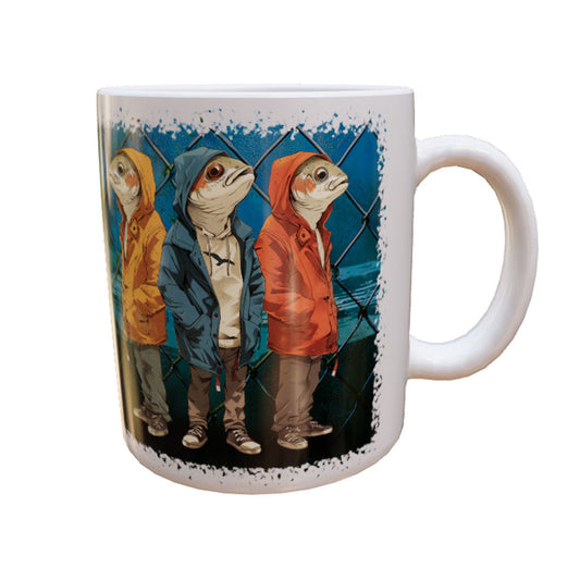 Weiße Keramiktasse 3 Fishes mit drei Fischfiguren in gelber, blauer und roter Jacke – Produktansicht