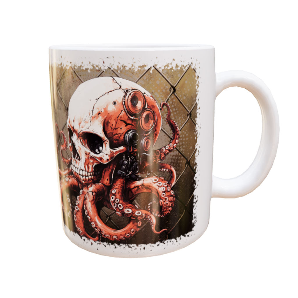 Weiße Keramiktasse Octoskull 2 mit mechanischem Totenkopf und rotbraunen Oktopus-Tentakeln – Produktansicht