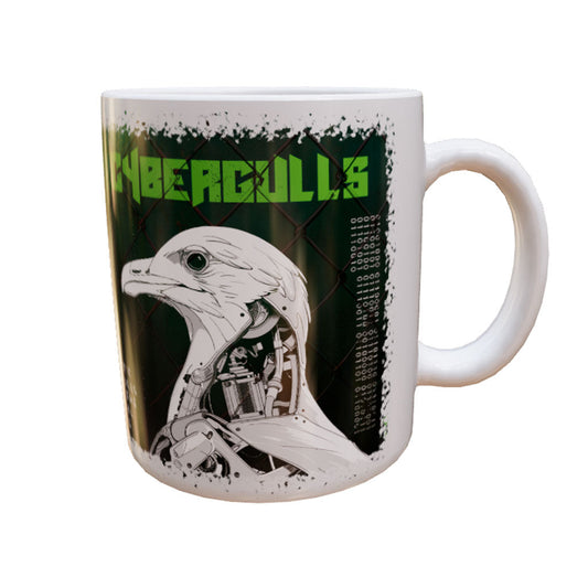 Weiße Keramiktasse Cybergulls mit mechanischer Möwe, grünem CYBERGULLS-Schriftzug und digitalem Gitter – Produktansicht