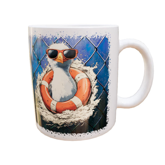 Weiße Keramiktasse Lifeguard-gull mit Möwe in Sonnenbrille und orangefarbenem Rettungsring – Produktansicht
