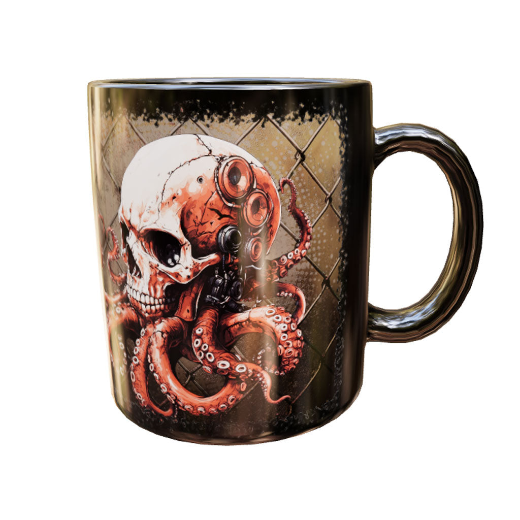 Schwarze Keramiktasse Octoskull 2 mit mechanischem Totenkopf und rotbraunen Oktopus-Tentakeln – Produktansicht