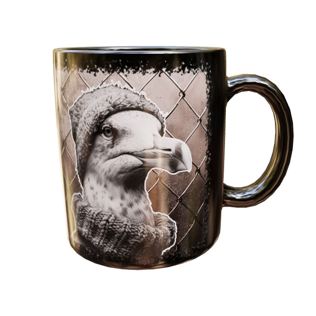 Schwarze Keramiktasse Seagull 1 mit Möwenporträt in Strickmütze und dickem Schal vor Gitter – Produktansicht