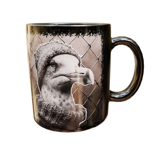 Schwarze Keramiktasse Seagull 1 mit Möwenporträt in Strickmütze und dickem Schal vor Gitter – Produktansicht