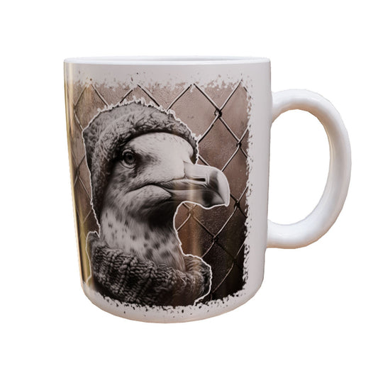 Weiße Keramiktasse Seagull 1 mit Möwenporträt, Strickmütze und Schal vor braunem Gitter – Produktansicht