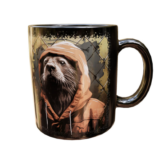 Schwarze Keramiktasse Otter mit dunklem Otterporträt in brauner Kapuze vor verwittertem Gitter – Produktansicht
