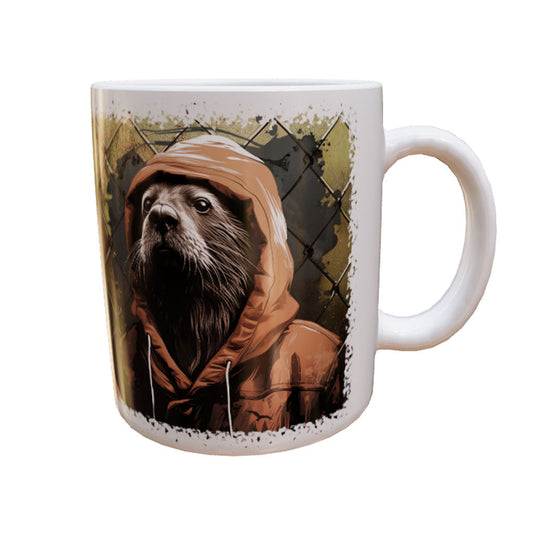 Weiße Keramiktasse Otter mit dunklem Otterporträt in brauner Kapuzenjacke – Produktansicht