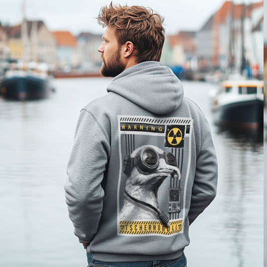 Zip-Hoodie Tschernogull in Grau meliert mit Möwe mit Schutzbrille, Atemschutzschlauch und gelbem Warnmotiv als Rückenprint am Model