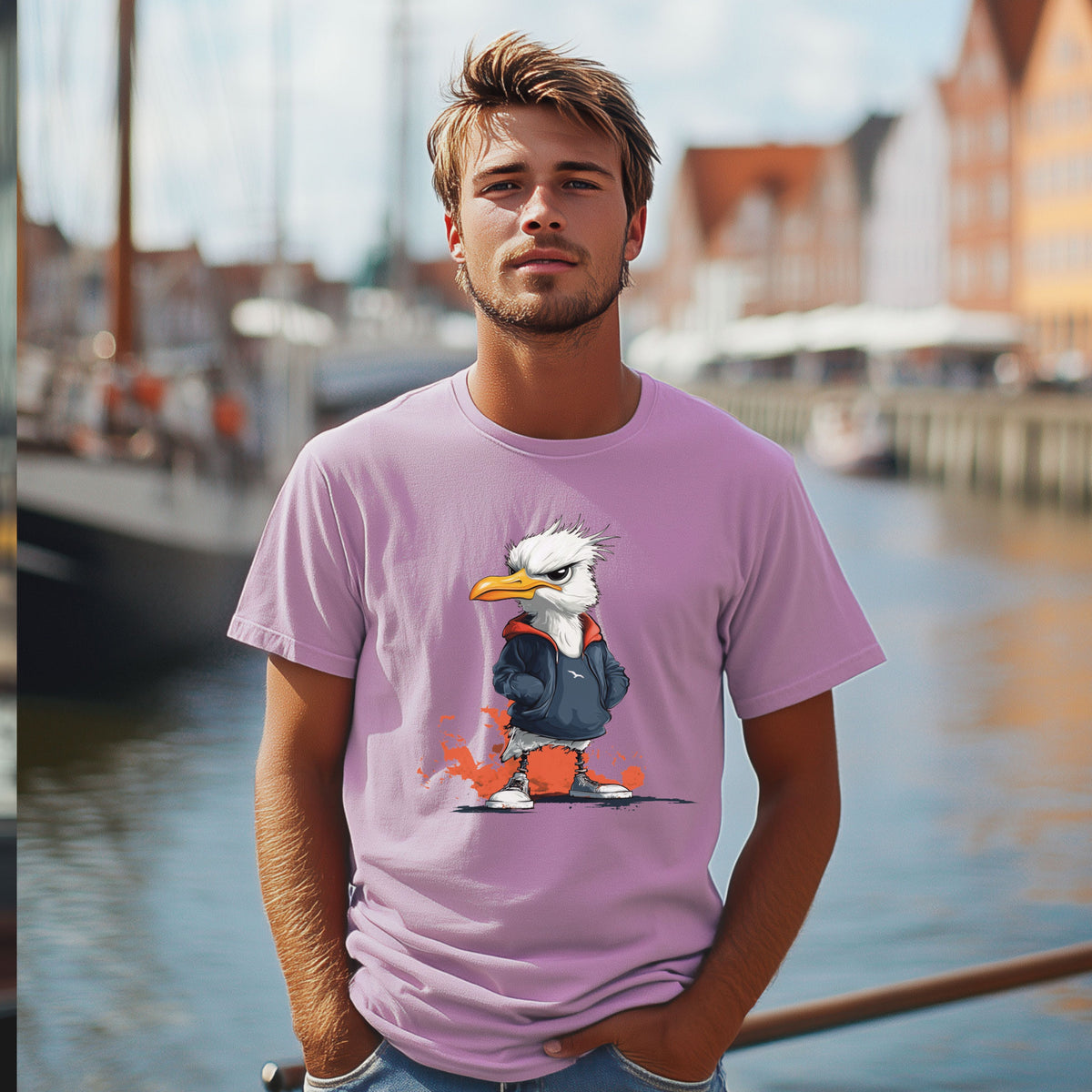 Lavender: T-Shirt „Angry-Gull“ mit grimmiger Möwe in Jacke, am Model