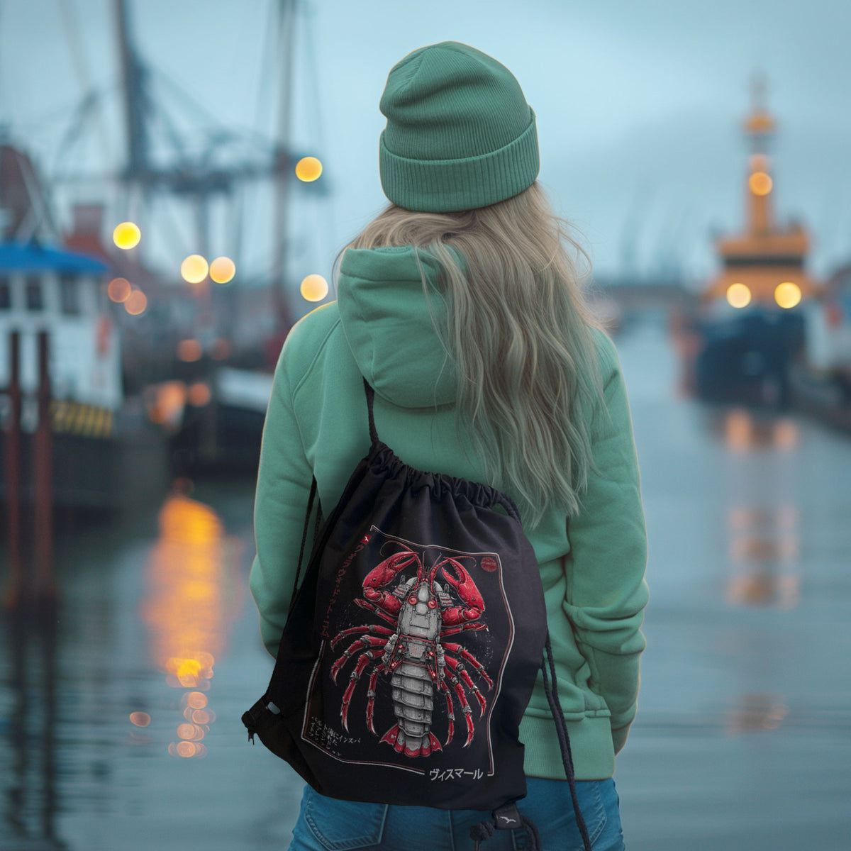 Samurai-Lobster Turnbeutel mit rotem Hummermotiv, über der Schulter getragen in Hafenkulisse