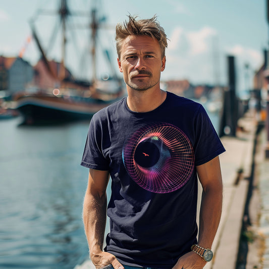 T-Shirt Portal-gull in Navy mit Möwensilhouette im farbigen Linienportal – Vorderansicht am Model