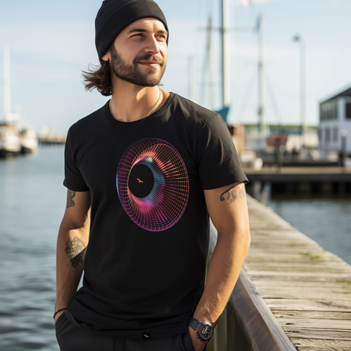 T-Shirt Portal-gull in Schwarz mit Möwensilhouette im farbigen Linienportal – Vorderansicht am Model