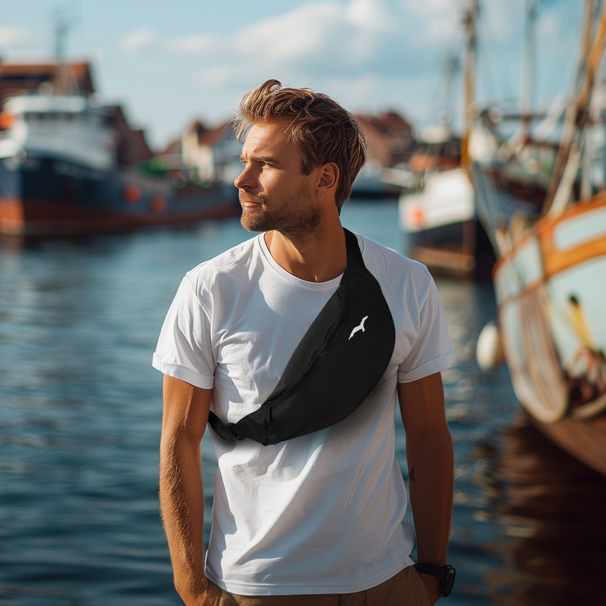 Schwarze Gürteltasche Seagull mit weißem Möwenlogo – quer über der Brust getragen am Model