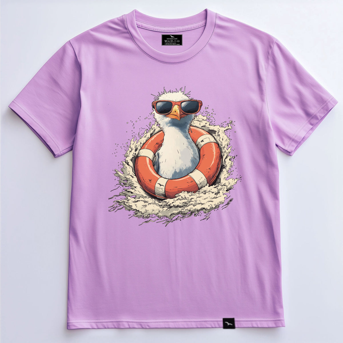 T-Shirt Lifeguard-gull in Lavender, Möwe mit Sonnenbrille im Rettungsring, Produktansicht