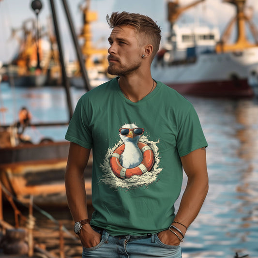 T-Shirt Lifeguard-gull in Teal, Möwe mit Sonnenbrille im Rettungsring, am Model